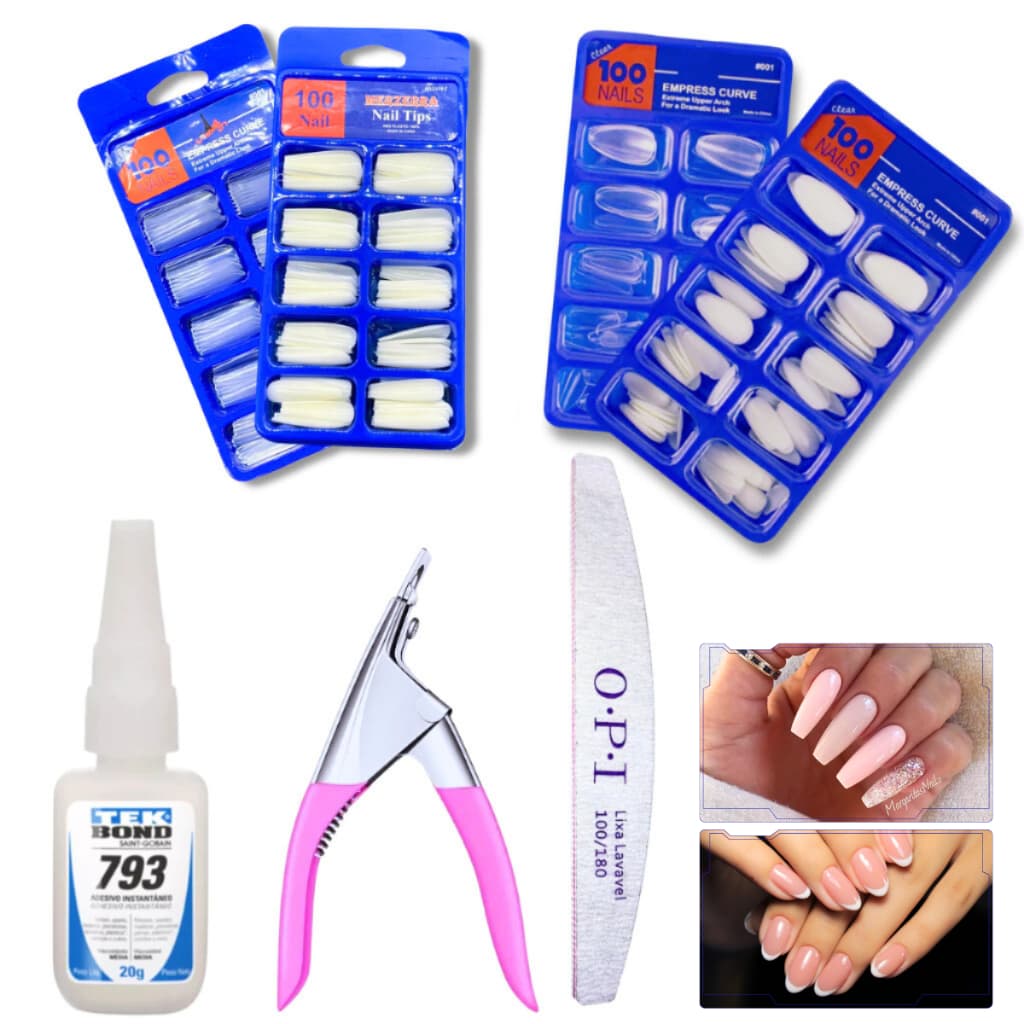 Kit Completo Alongamento de Unha - Unha Postiça Almond ou Bailarina+ Alicate + Tekbond + Lixa
