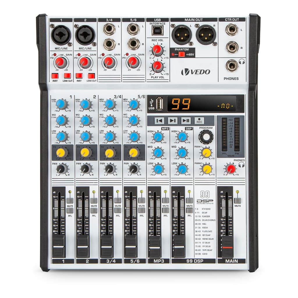 VEDO 6 Canais Mesa De Som 99DSP MP3/Bluetooth/MUTE/PFL/PAN/Gravação USB/OTG EQ 3 Bandas Monitor +48v Bivolt