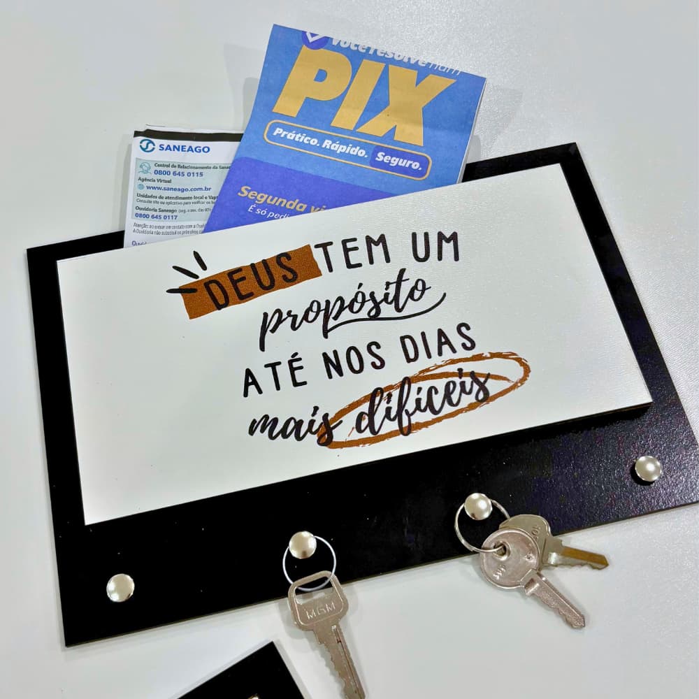 Porta Chave de Parede Sem Furo em Mdf Decorativo Preto Decorado Casa com Porta Cartas 5 Ganchos