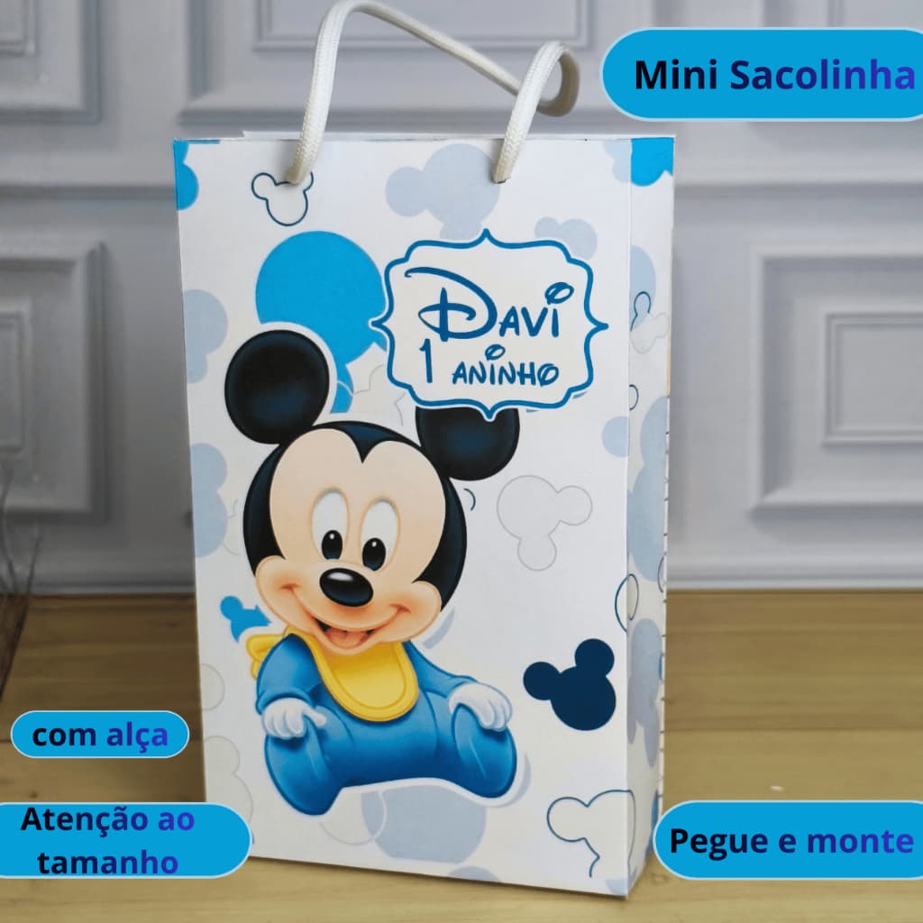 Mini Sacola Surpresa Mickey Baby - Lembrancinha Personalizada - Festa Infantil - Pegue e Monte