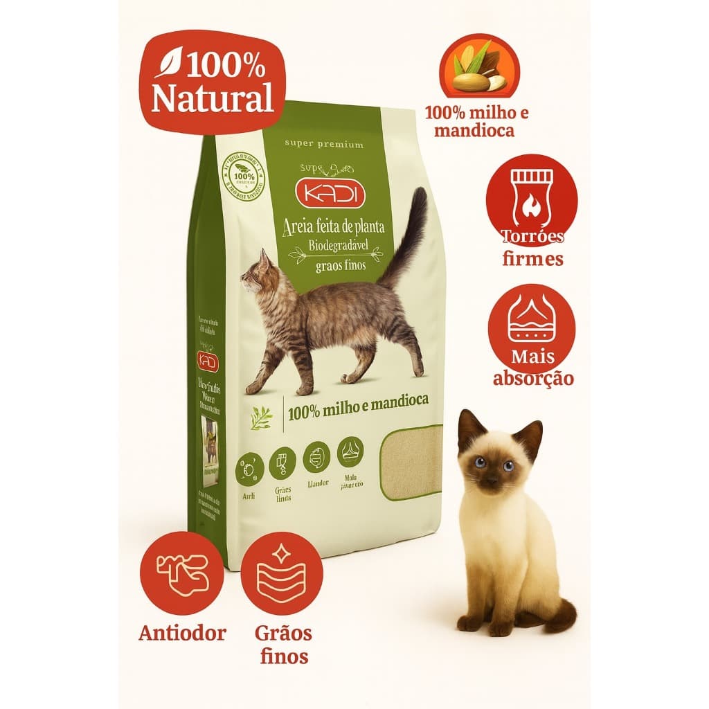 Areia de Gato Biodegradável Grãos Finos Controle de Odor e  + Brinde 2, 4 e 6kg