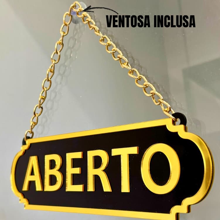PLACA ABERTO E FECHADO EM ACRLICO ESPELHADO PARA LOJA COM VENTOSA
