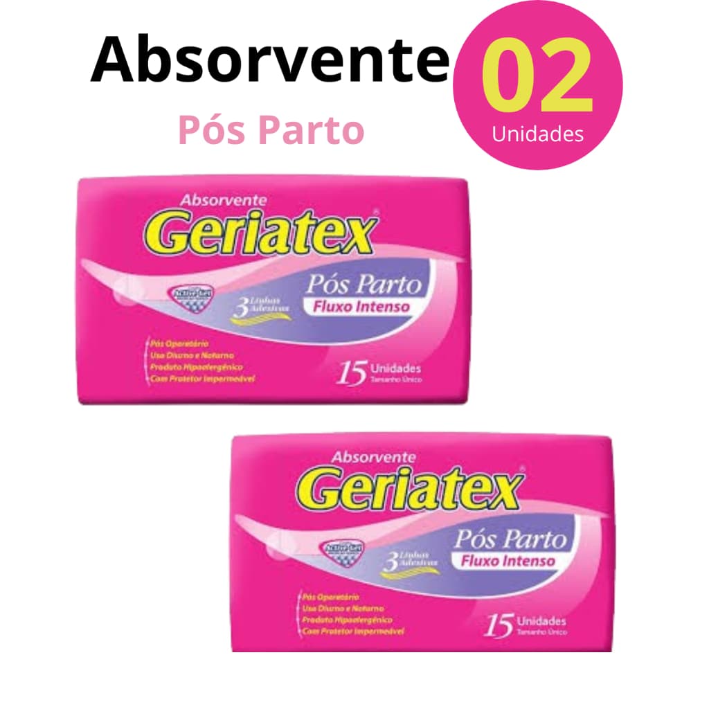 Promoção 2 Absorvente Pós-Parto Geriatex Fluxo Intenso 15 Unidades - Pós Operatório - Diurno e Noturno