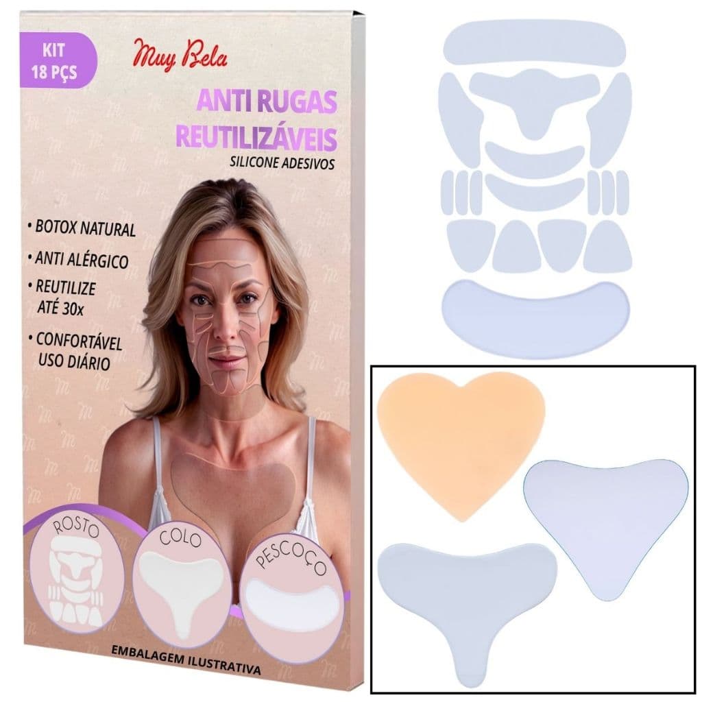 Silicone Reutilizável para Rugas do Rosto, Pescoço e Colo Adesivo Skin Care Muy Bela Colágeno Natural Anti Marcas