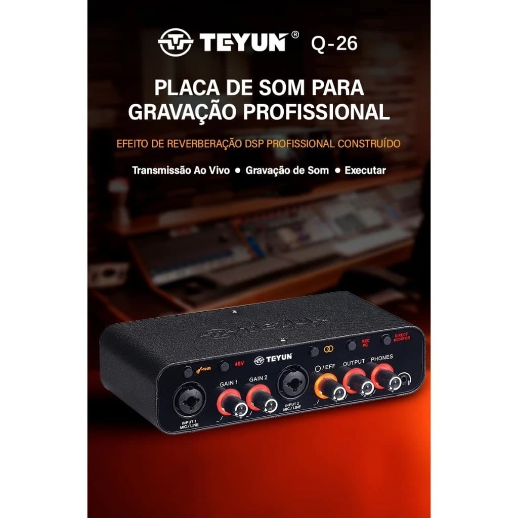 TEYUN Q-26 Interface De Audio Placa De Som 32bit/384KHZ 2 Canais DC 5V De Alta Velocidade Para Gravação Ao Vivo Bivolt