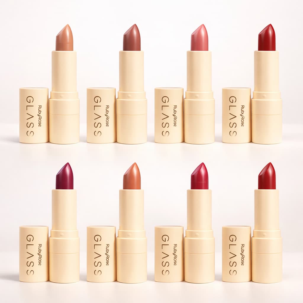Batom Velvety Ruby Rose Glass – Cores Nude ao Vermelho | Acabamento Natural