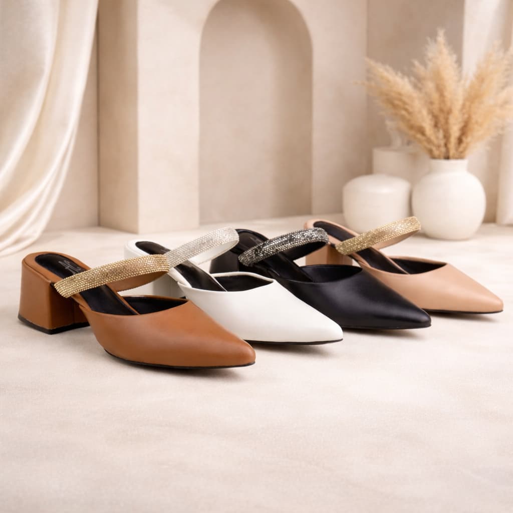 Scarpin Mule Feminino Salto Médio Elegante Tira Brilhante Confortável Bico Fino Moderno Tendência AC