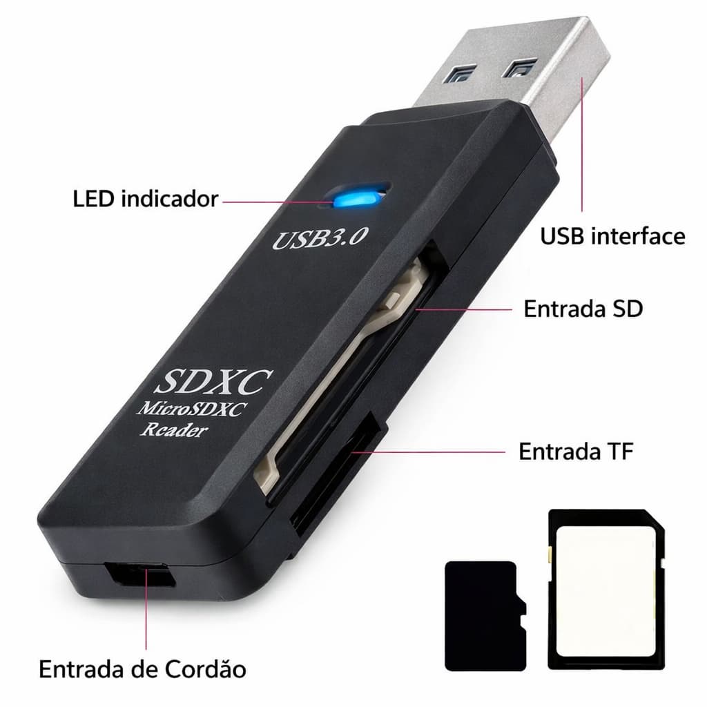 Leitor de Cartão USB 3.0 Dual Slot 2 em 1 SD/Micro SD TF Compatível com SDHC, SDXC e MMC - Windows, Mac e Linux