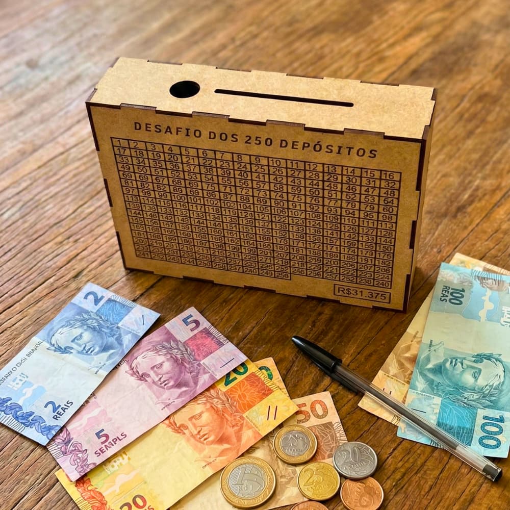 Kit Caixa Cofre Mdf Desafio 5 Mil 10 Mil Ou 250 Depósitos Dinheiro Woodbox Poupança Tabela Metas