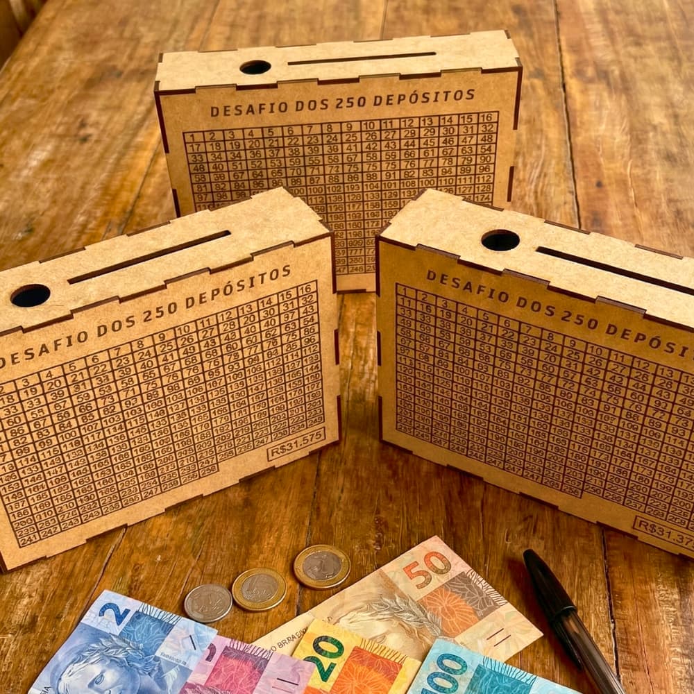 Caixa Cofre Mdf Desafio 5 Mil/ 10 MIL/ 250 depoisto 31 mil depositos Poupança Cofrinho Woodbox