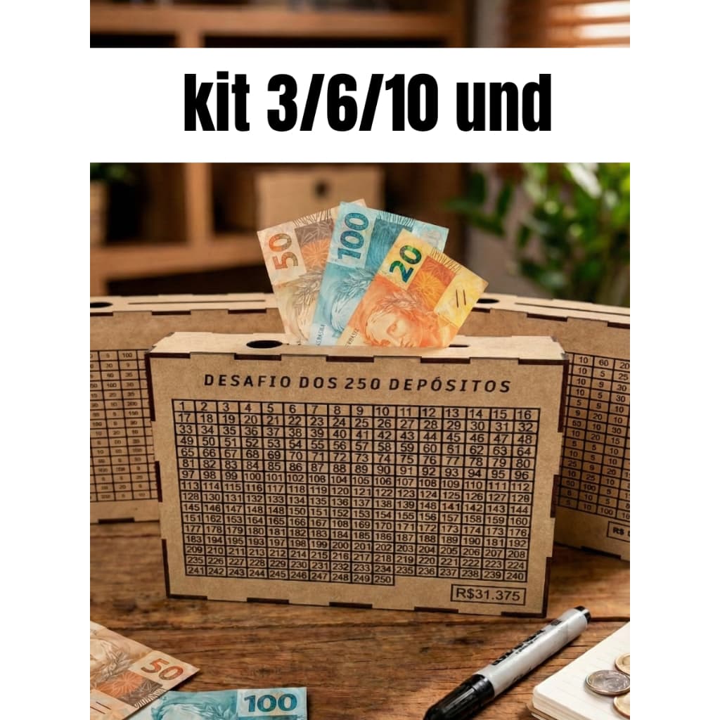 Kit Caixa Cofre Mdf Desafio 5 Mil 10 Mil Ou 250 Depósitos Dinheiro Woodbox Poupança Tabela Metas