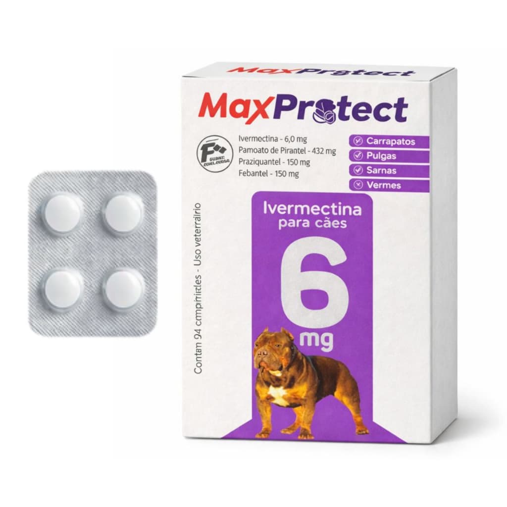 Antipulgas Carrapatos Para Cães de 15kg a 30kg - 4 Comprimidos Ivermectina 6mg Vermífugo