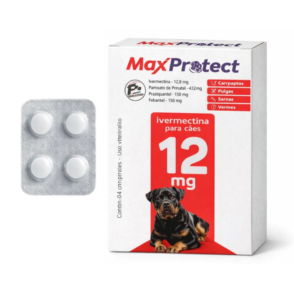 Ivermectina 12mg Para Cães de 30kg a 60kg - 4 Comprimidos Antipulgas Carrapatos Verme Sarna