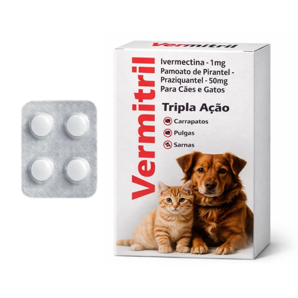 Ivermectina 1mg Vermitril Para Cães e Gatos até 5kg - 4 Comprimidos Antipulgas Carrapato Verme Sarna