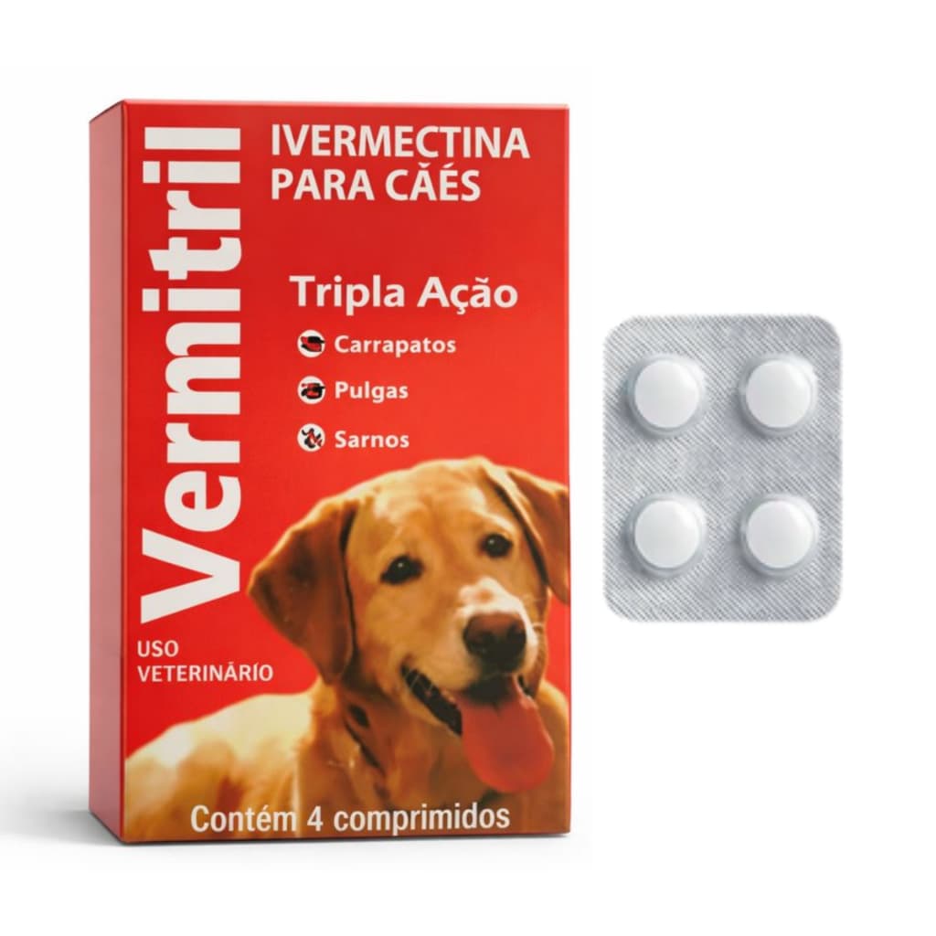 Ivermectina 3mg Vermitril Para Cães de 7,5kg a 15kg - 4 Comprimidos Antiparasitários
