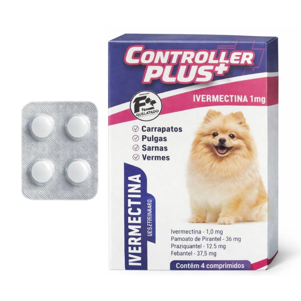 Ivermectina 1mg P/ Cães Pequenos até 5kg - 4 Comprimidos Controller Plus Carrapato Pulga Verme Sarna