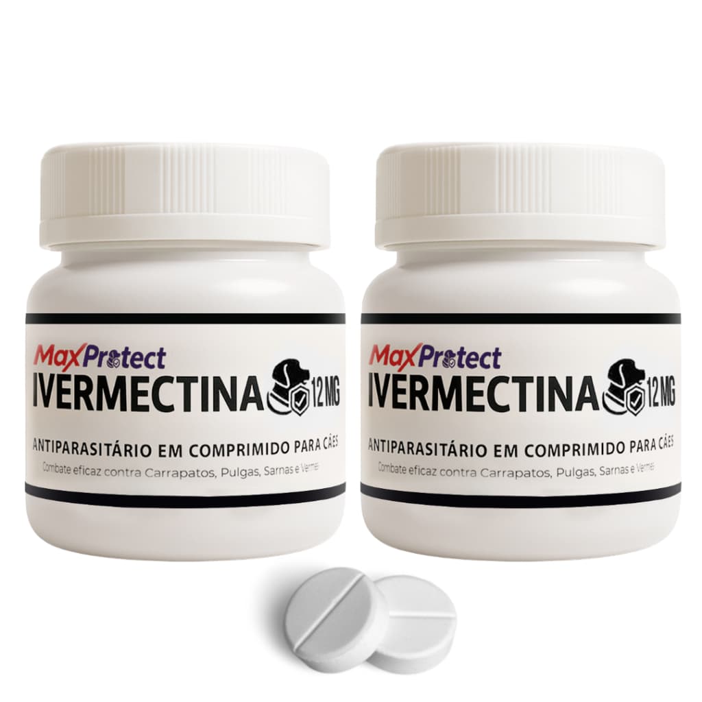 Kit 2 Potes Ivermectina 12mg P/ Cães de 30kg a 60kg - Combate Carrapatos Pulgas Vermes Sarna 20 Comp