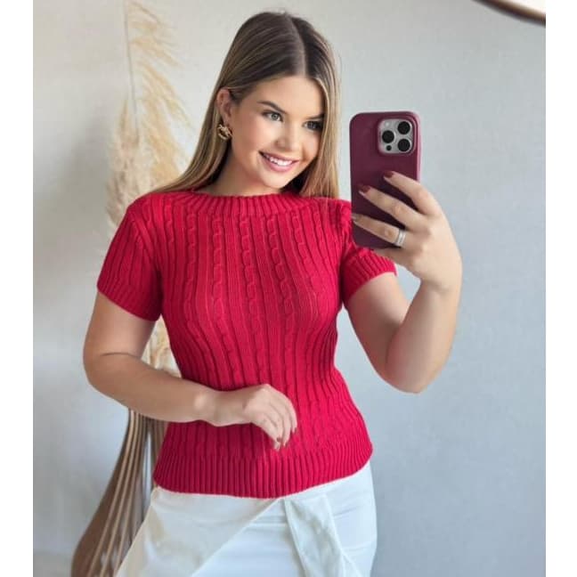Camiseta Manga Curta Feminina Tricot Feminina Moda Confortável Detalhes em Trança