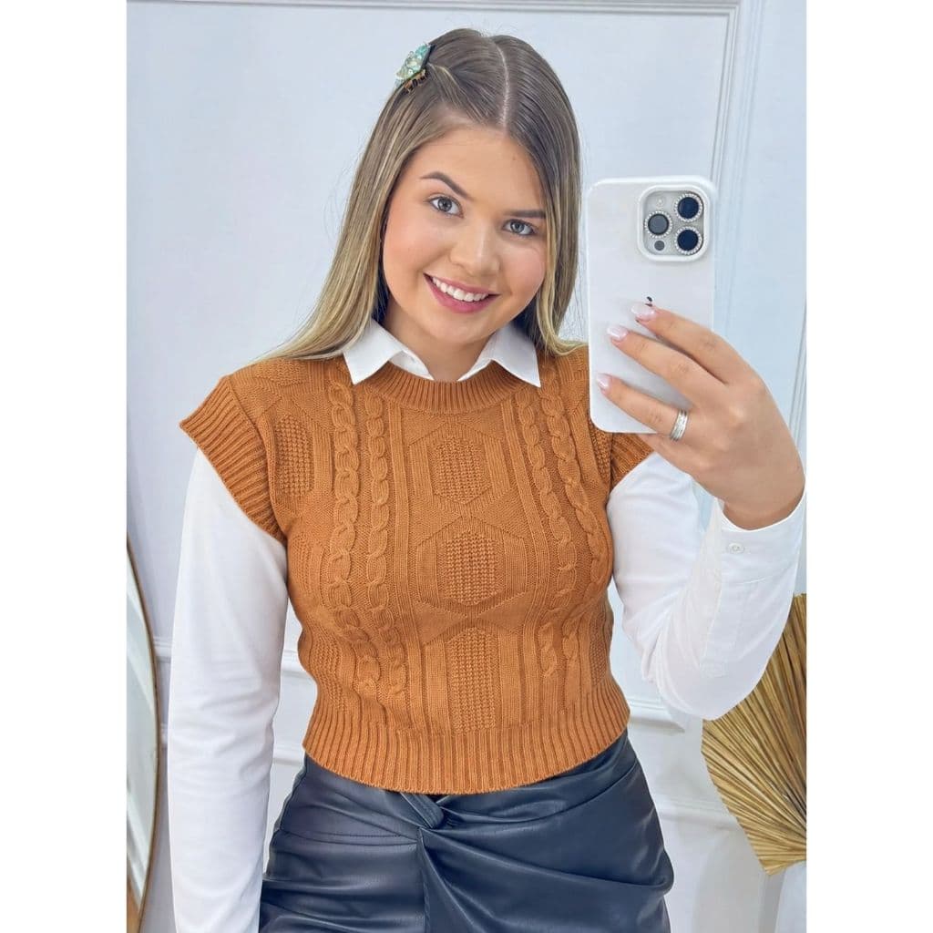 Colete Modal Premium LIVIA Tricot Feminino com manga detlhe tranças cropped tricô moda Blusa