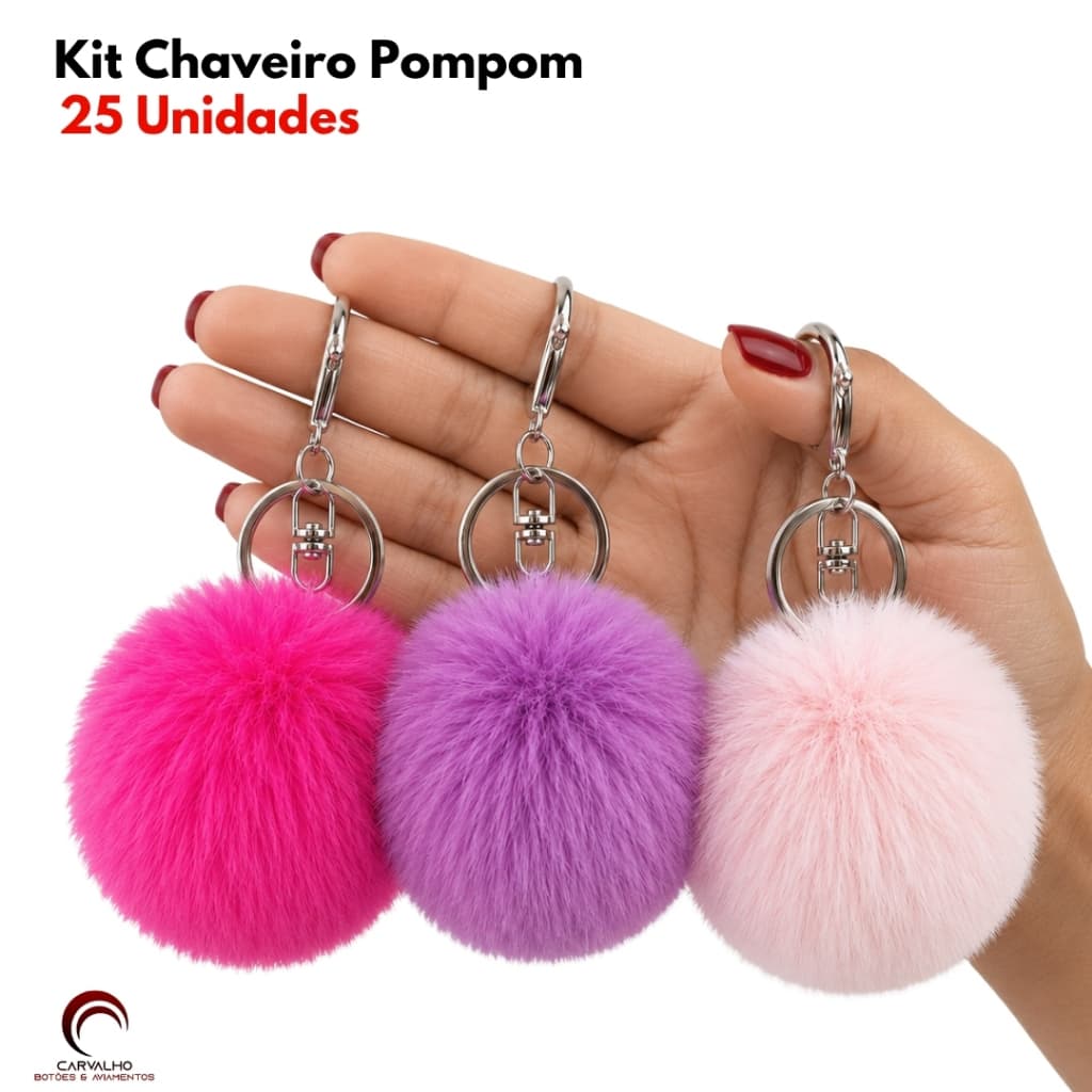 Kit 25 Chaveiros Pompom Pelúcia 70mm Com Argola Chaveiro Feminino Para Bolsa Mochila e Chaves