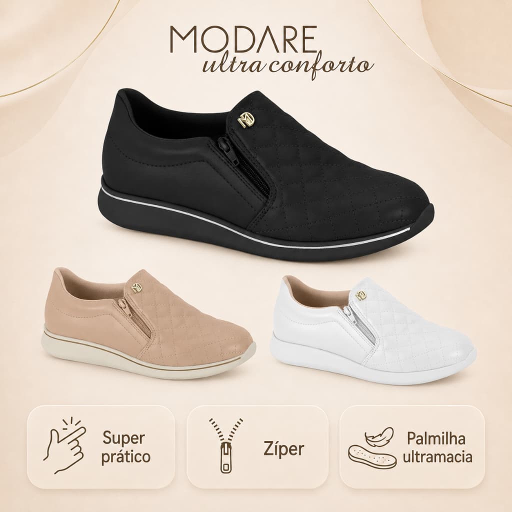 Tenis Modare Ultraconforto Zíper Calce Fácil Antiderrapante | Lançamento! | Original Modare!