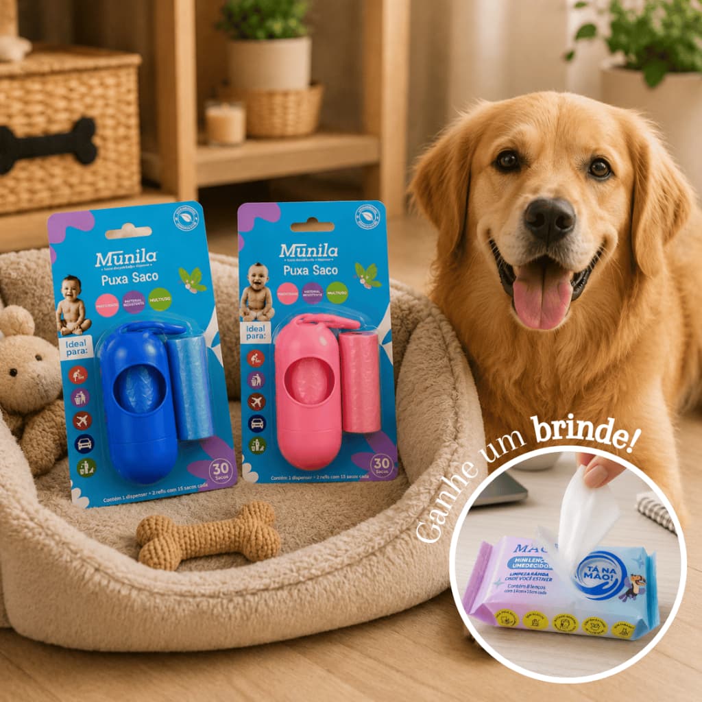 Kit 2 Saquinhos Coletores Cata Caca + Estojo Portátil Puxa Saco Pet + Lencinho Brinde Grátis Limpeza