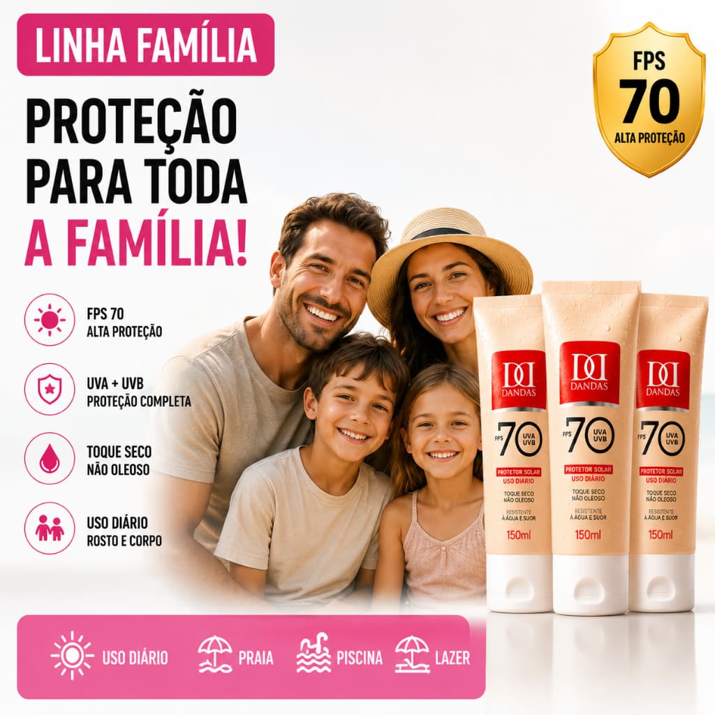 KIT 3 PROTETOR SOLAR DANDAS 70FPS 150ML, Controle da Oleosidade, Toque Seco,Tecnologia, Niacinamida