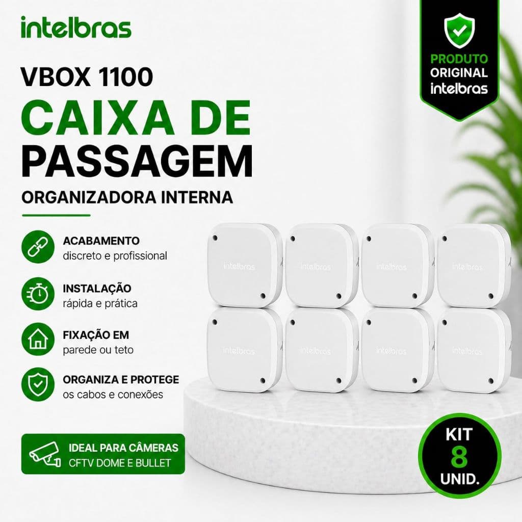 Kit 8 Caixa Passagem VBOX 1100 Intelbras CFTV Organizadora Cabos Interna para Câmera Segurança Parede Teto