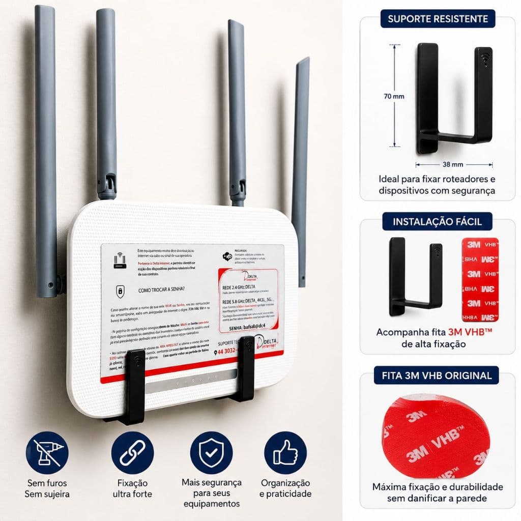 Suporte Roteador WIFI Modem Parede Sem Furo Fita 3M Organizador