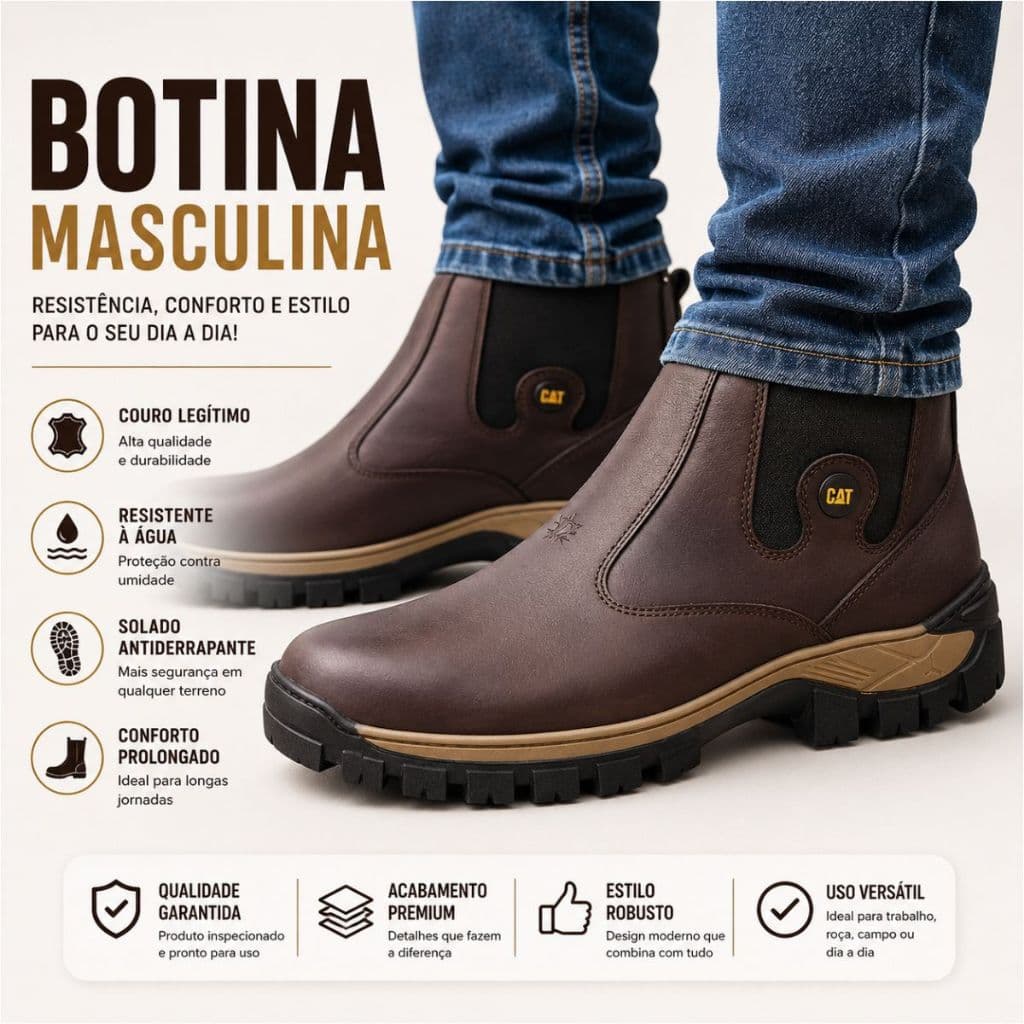 "Bota Masculina CAT | Couro Legítimo, Resistente e Confortável | Ideal para Trabalho e Uso Diário.