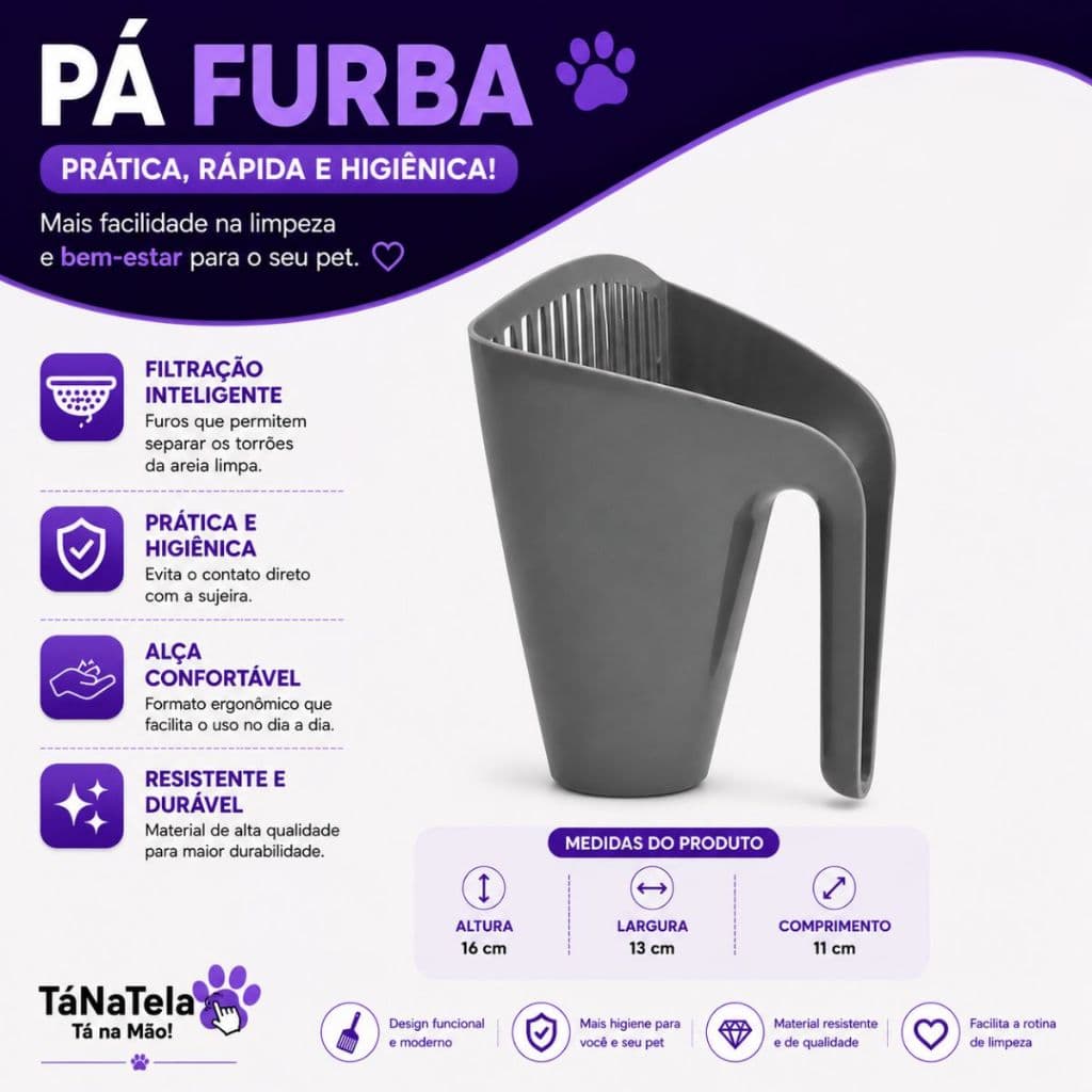 Pá Higiênica Furba Cinza Para Gatos Peneira Caixa De Areia Sílica Banheiro Pet Limpeza Rápida Fácil