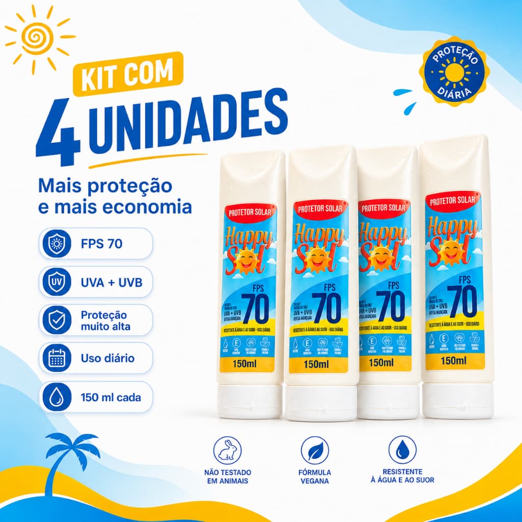Kit 4 Protetor Solar Fps 70 Facial e Corporal -150ml, TOQUE SECO. ANTISSINAIS, RESISTENTE SUOR