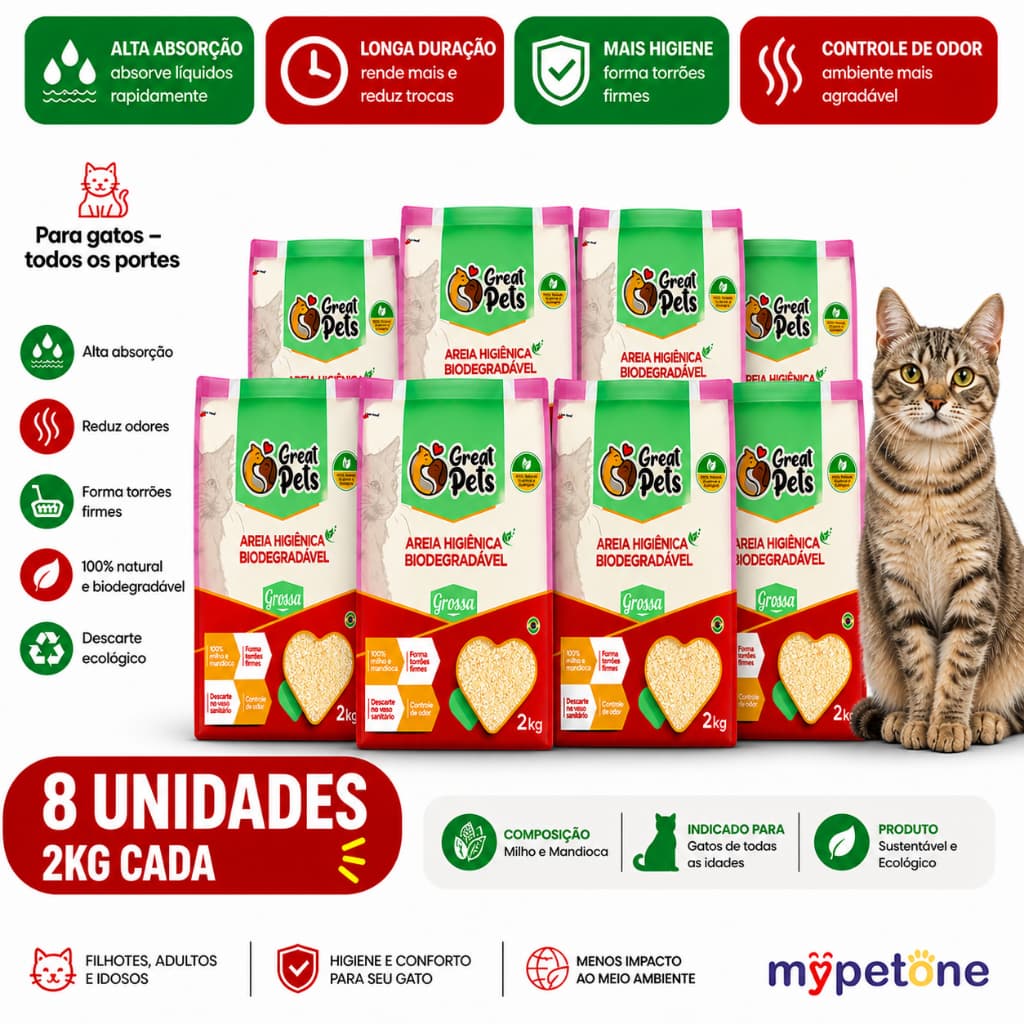 Kit 8 Areia Biodegradável Grossa Great Pets para Gatos - 2 Kg