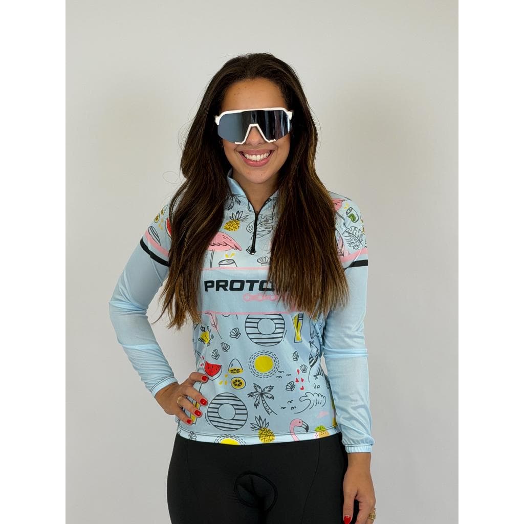 CAMISA CICLISMO FEMININA MANGA LONGA PRO TOUR DRINKS AZUL COM BOLSOS UV50+