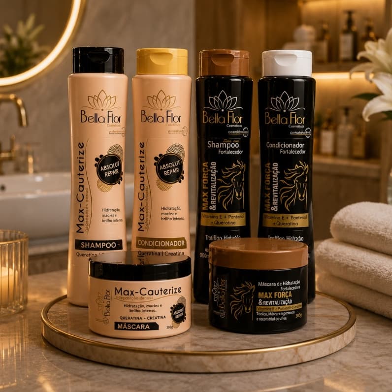 2Kits Capilar Cauterize e Max Forca 6 Produtos (2 Shampoos, 2 Condicionadores e 2 Mascaras) Profissionais - Bella Flor
