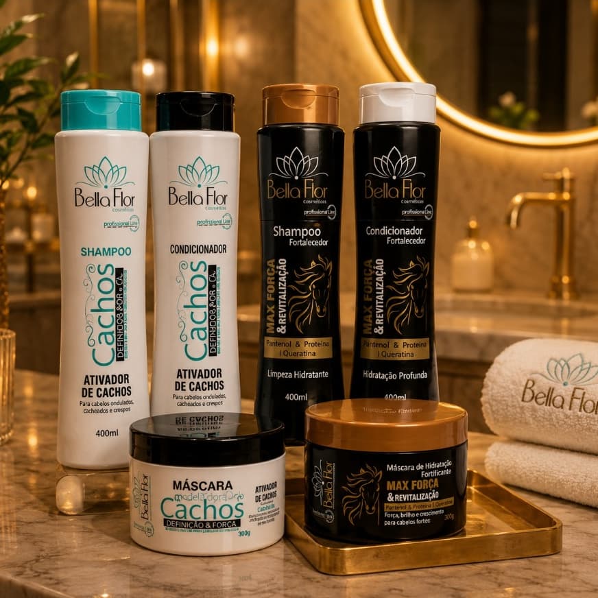 Kit Bella Flor Cachos e Força 6 Produtos Profissionais com 2 Shampoos, 2 Condicionadores e 2 Máscaras