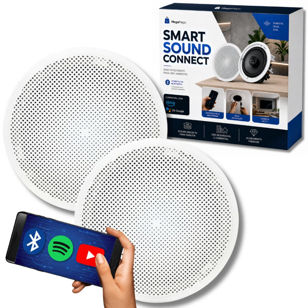 Kit Som Ambiente Arandela Acustica Alto Falante Auto Potente Embutir Teto Gesso Parede Ativa Bluetooth + Passiva