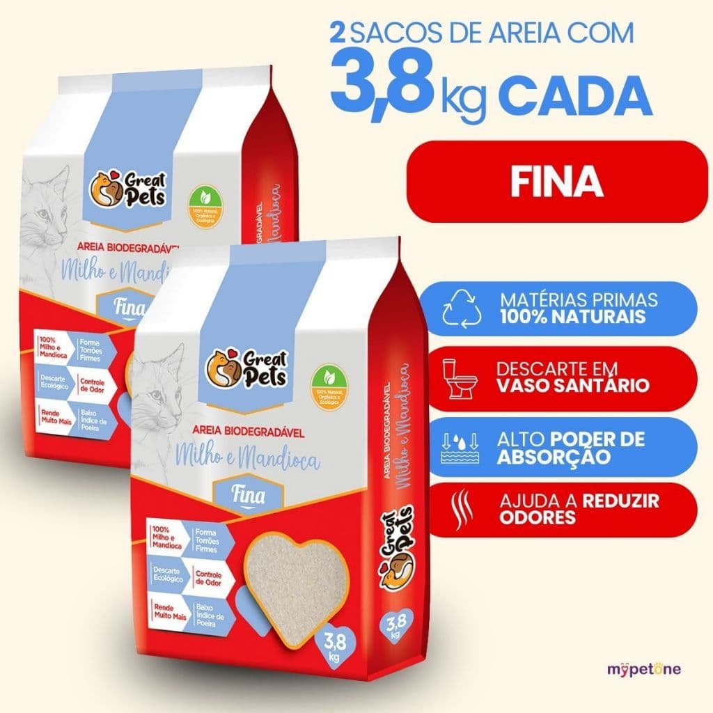 Kit 2 Areia Biodegradável Fina 3,8 Kg  para Gatos - Great Pets 