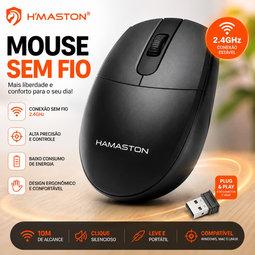 Mouse Sem fio Wireless Ergonômico 2.4G/BT H'maston MS07 Recarregável Tipo-C Silencioso Bluetooth