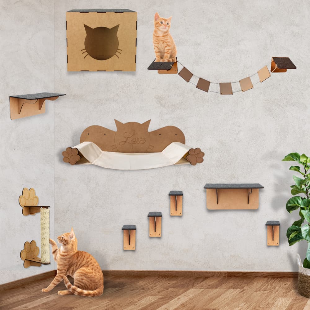 Playground Para Gatos 10 Peças Brinquedo de Gatos Mdf Gatil Arranhador Ponte Prateleira Degrau Caixa