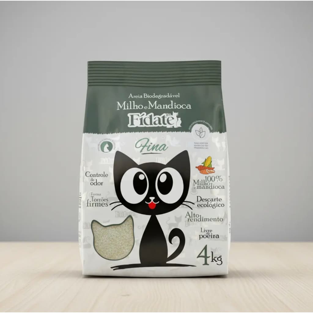 Areia De Gato Biodegradável Fídate 4kg Natural Milho e Mandioca Zero Poeira Sem Cheiro