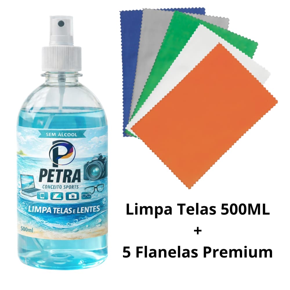 Kit Limpa Telas 500ml + 5 Flanelas – Celular Monitor Tv Notebooks Limpa Óculos Petra Sports