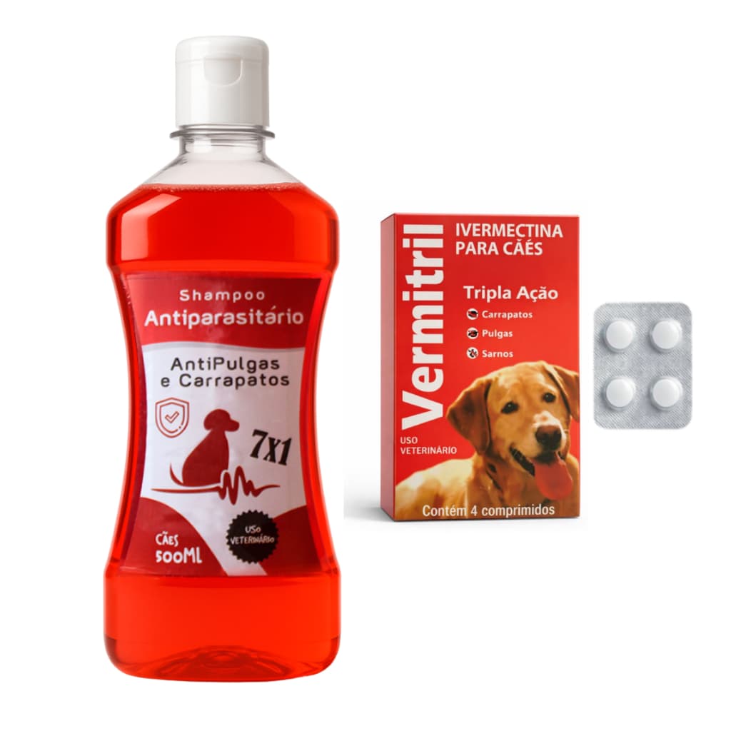 Kit Antipulgas Ivermectina 3mg + Shampoo para Cães Médios até 15kg - Carrapatos Pulgas Vermes Sarna