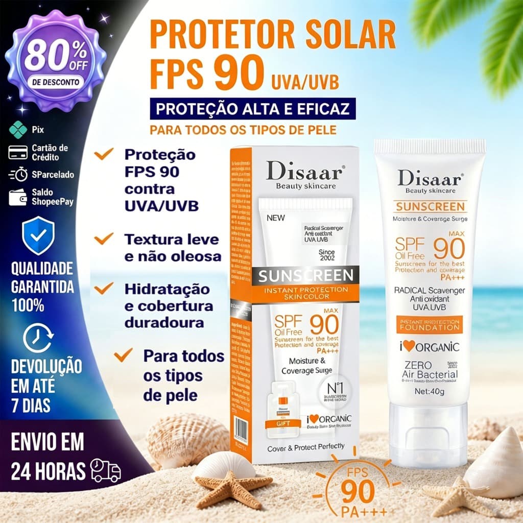 Protetor Solar FPS90 40g à Prova d’Água para Rosto e Corpo Toque Seco Proteção UVA/UVB Longa Duração