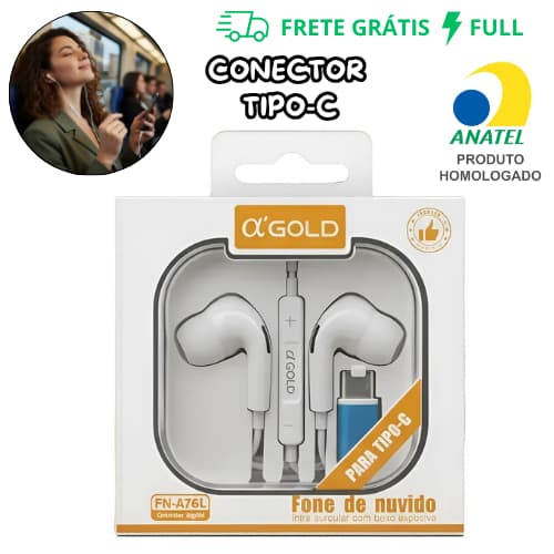 FONE DE OUVIDO TIPO-C INTRA-AURICULAR COM CONTROLE DE VOLUME A'GOLD FN-A76L