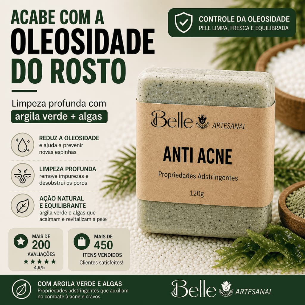 Sabonete Anti Acne Facial Para Espinhas e Cravos | Argila Verde + Algas Pele Oleosa