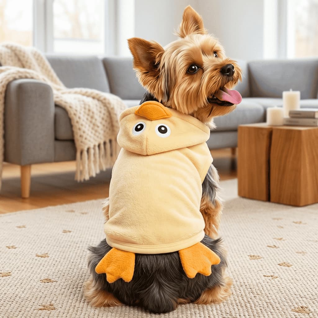 Roupa Pet Fantasia Patinho Cachorro Moletom Pelúcia Amarelo com Capuz Olhinhos e Patinhas