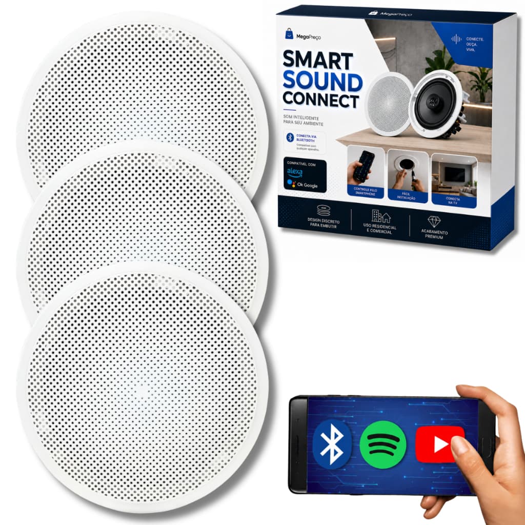 Kit Som Ambiente Arandela Acustica Alto Falante Auto Potente Embutir Teto Gesso Parede Ativa Bluetooth + 2 Passivas
