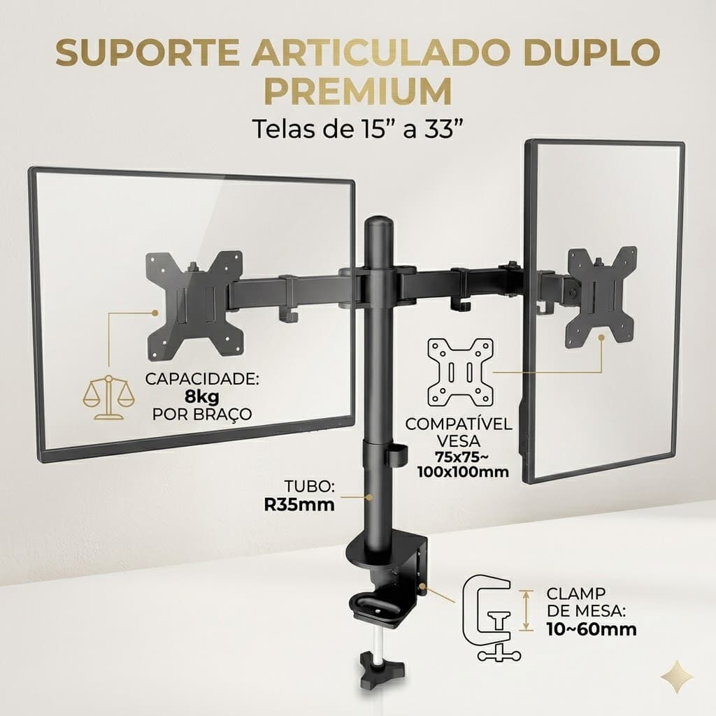 Suporte ajustável para dois monitores, de 13 a 32 polegadas, preto.