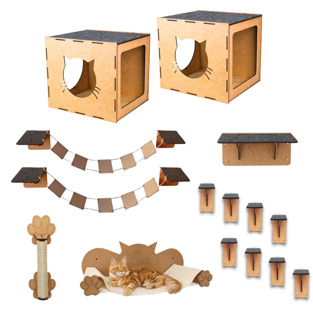 Kit Playground para Gatos Parede Diversão Gatinho Pet Mdf 4mm Degraus Ponte Nicho Cama Descanso